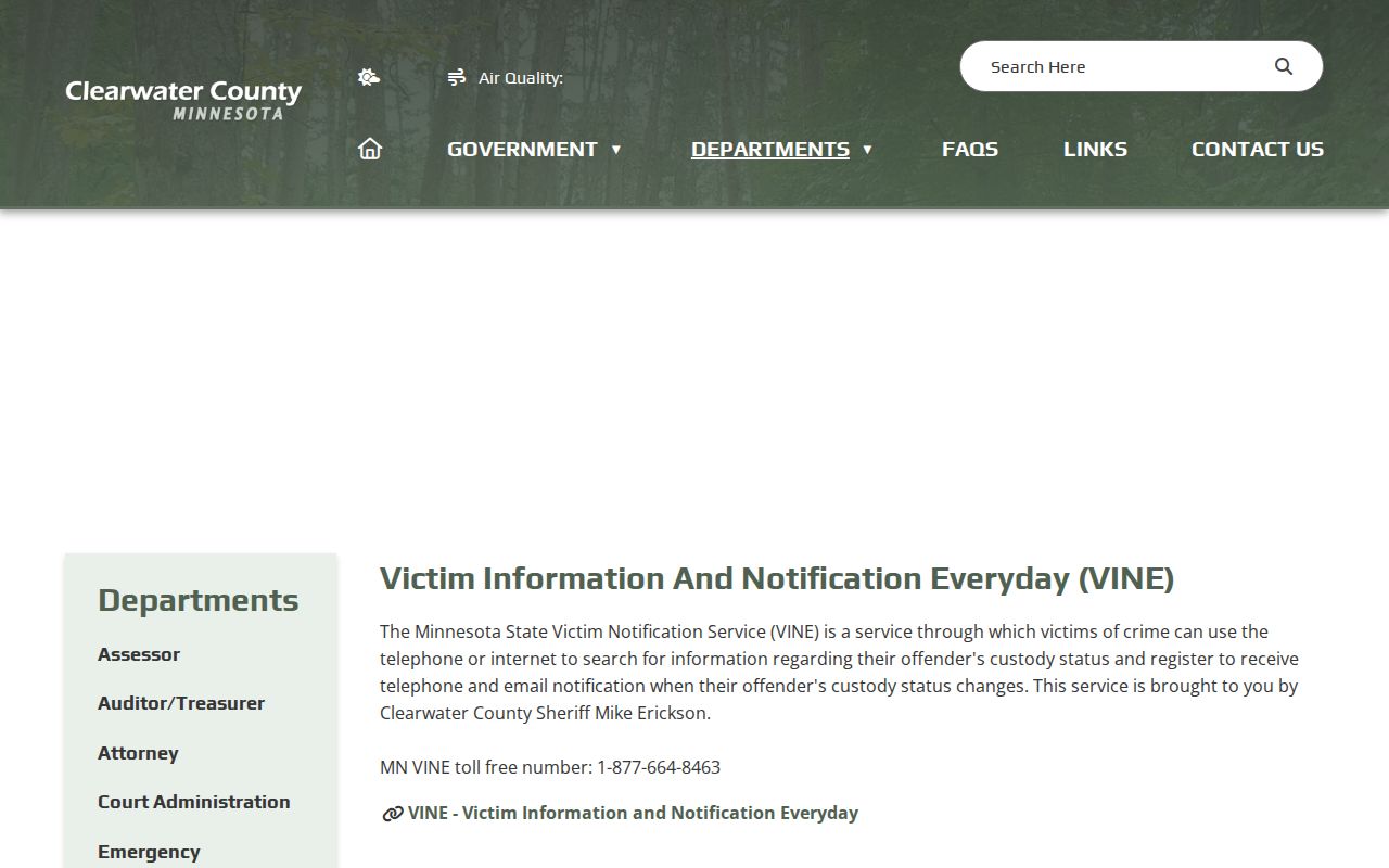 Clearwater County VINE inmate check and release alert information
